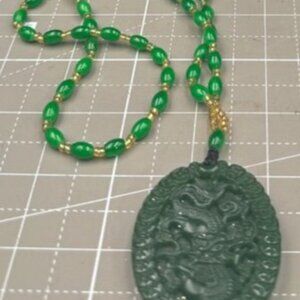 Hand-Carved Vintage Green Jade Dragon Pendant Necklace Beaded Chain